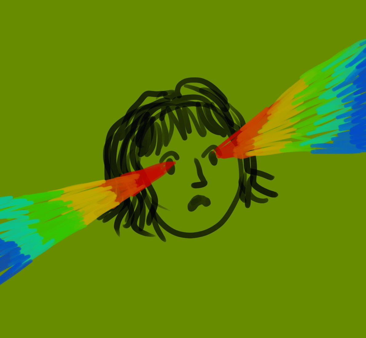 green square of georgie looking cross-eyed with rainbows coming out of them