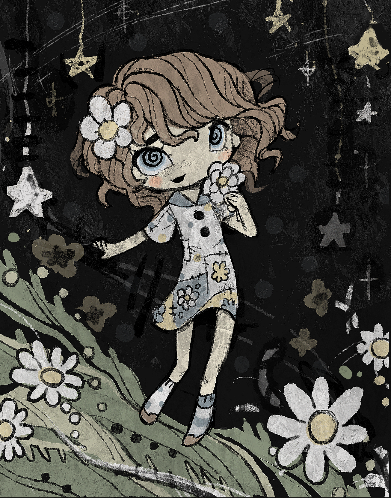 cute chibi of georgie. she's standing on a flowing greeen field surrounded by white daisies with white and yellow stars in the sky behind her. her dress is made of patches of flowers, she's got mismatched socks, a daisy in her hair, and she's holding a daisy. her eyes are swirly, like she's been hypnotized
