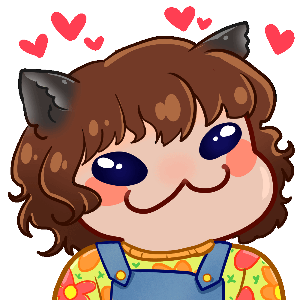 gif of georgie with raccoon ears and blue overalls over a yellow sweater with flowers on it making a colon three face and then popping her mouth open