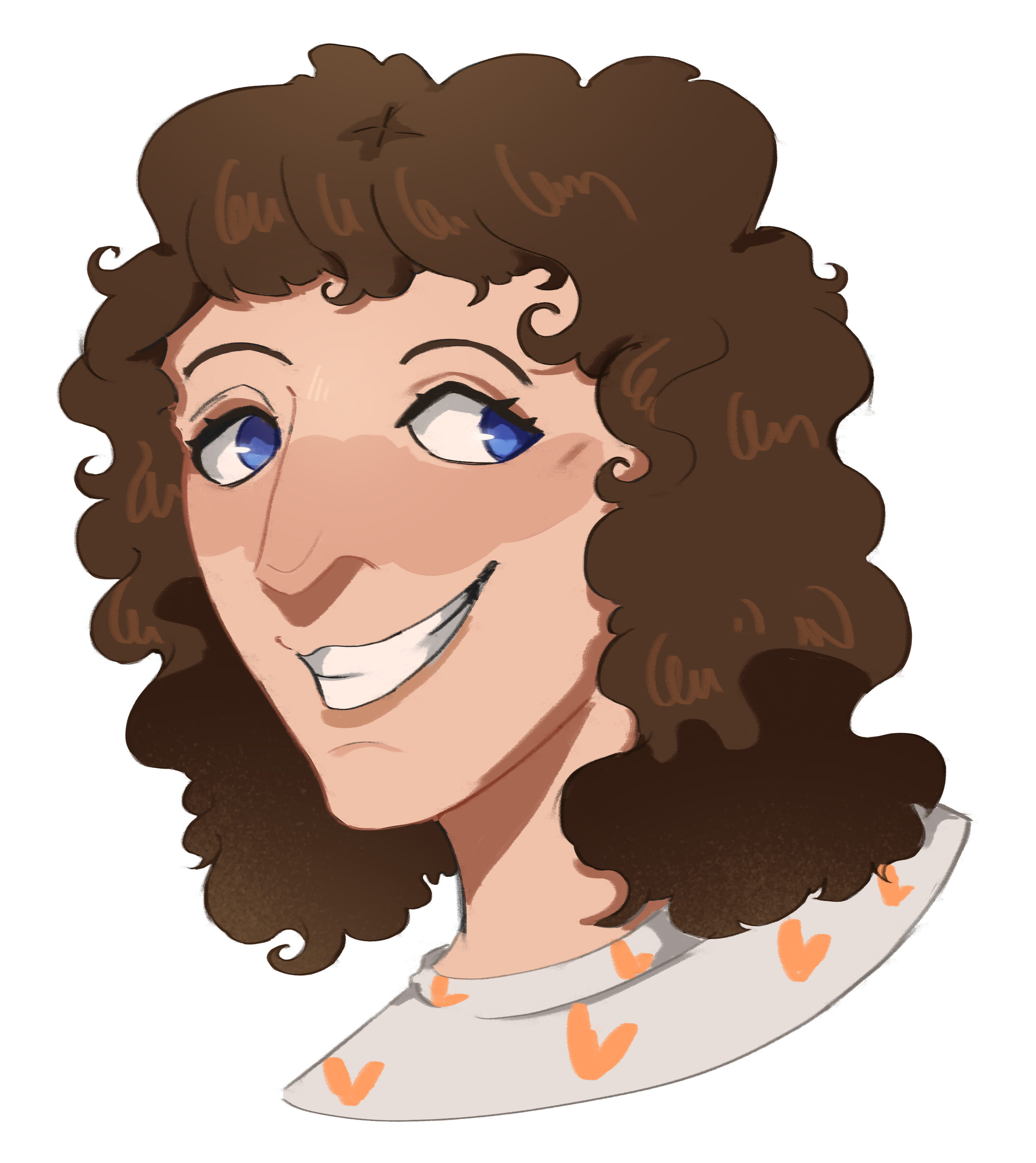 bust of georgie wearing a cream colored shirt with orange hearts
