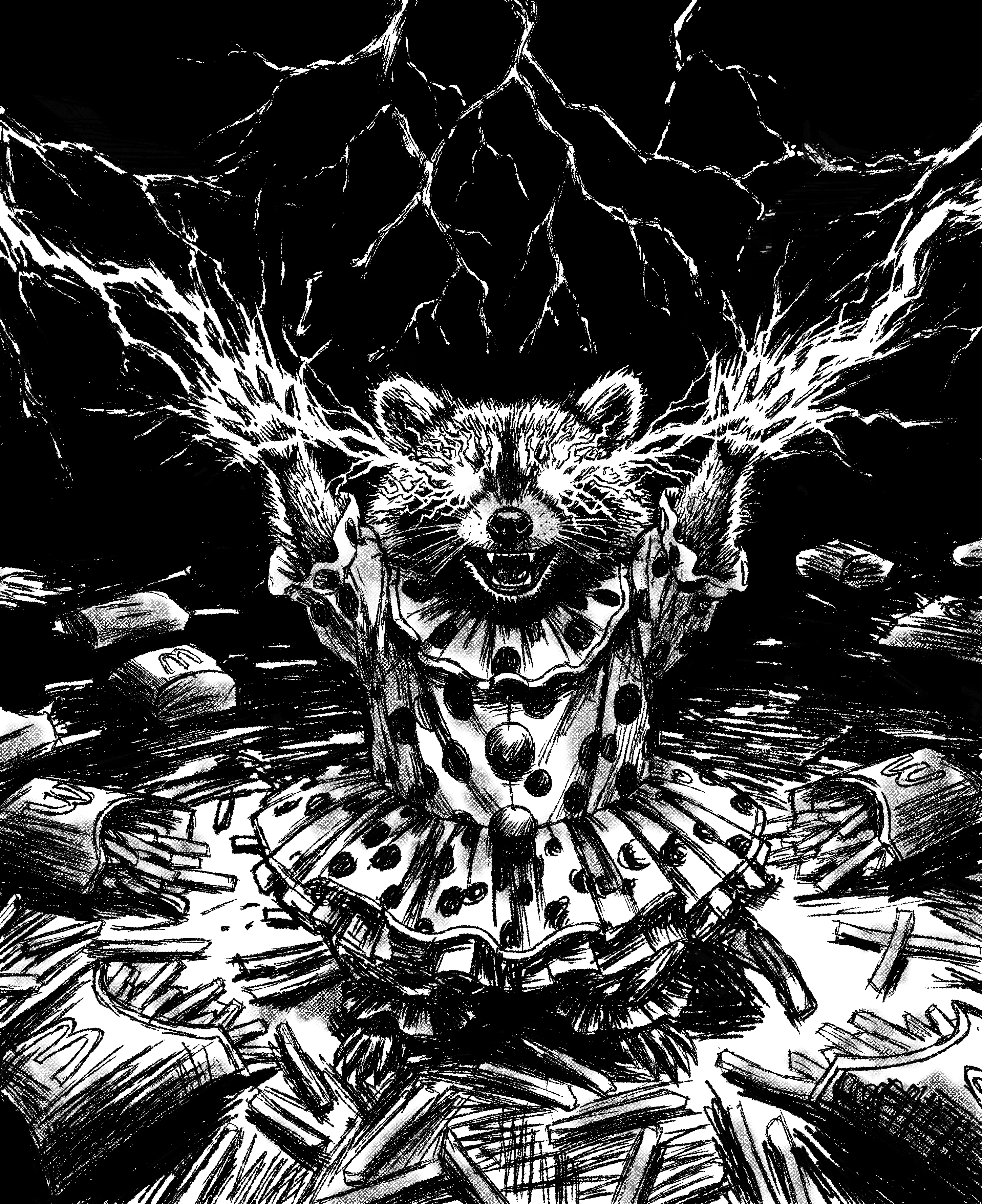 raccoon georgie with her arms outstretched toward the sky. lightning is erupting from her eyes and hands, and it cracks in the sky behind her. she's wearing a child's clown halloween costume with polkadots and big buttons. surrounding her are piles of abandoned mcdonald's french fries
