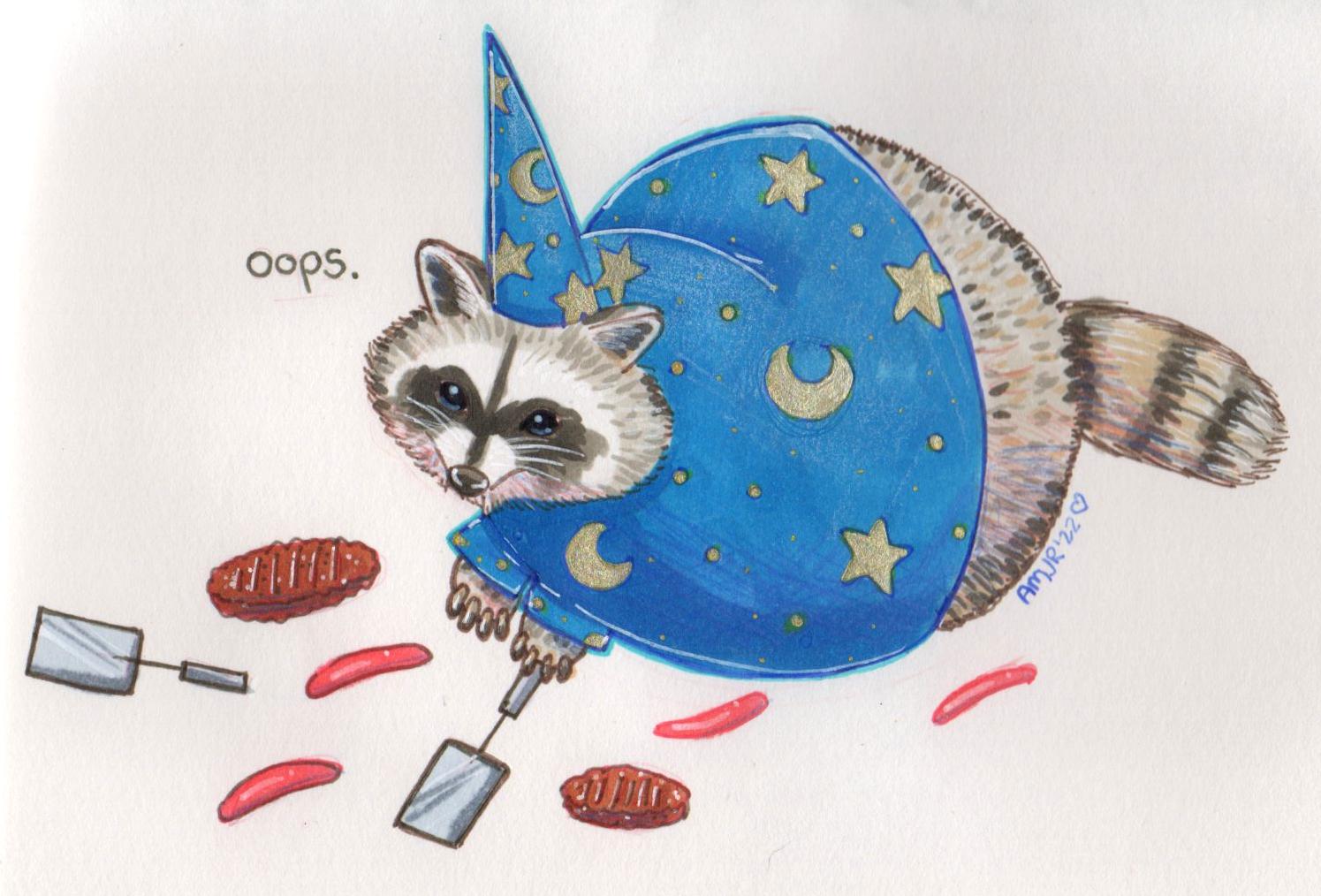 traditional drawing of raccoon georgie in the same robes and hat, but all the meats have fallen to the floor. a speech bubble says 'oops'. 