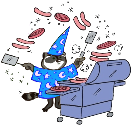 a transparent image of georgie in a wizard's outfit in front of a grill with floating burgers and things above her head