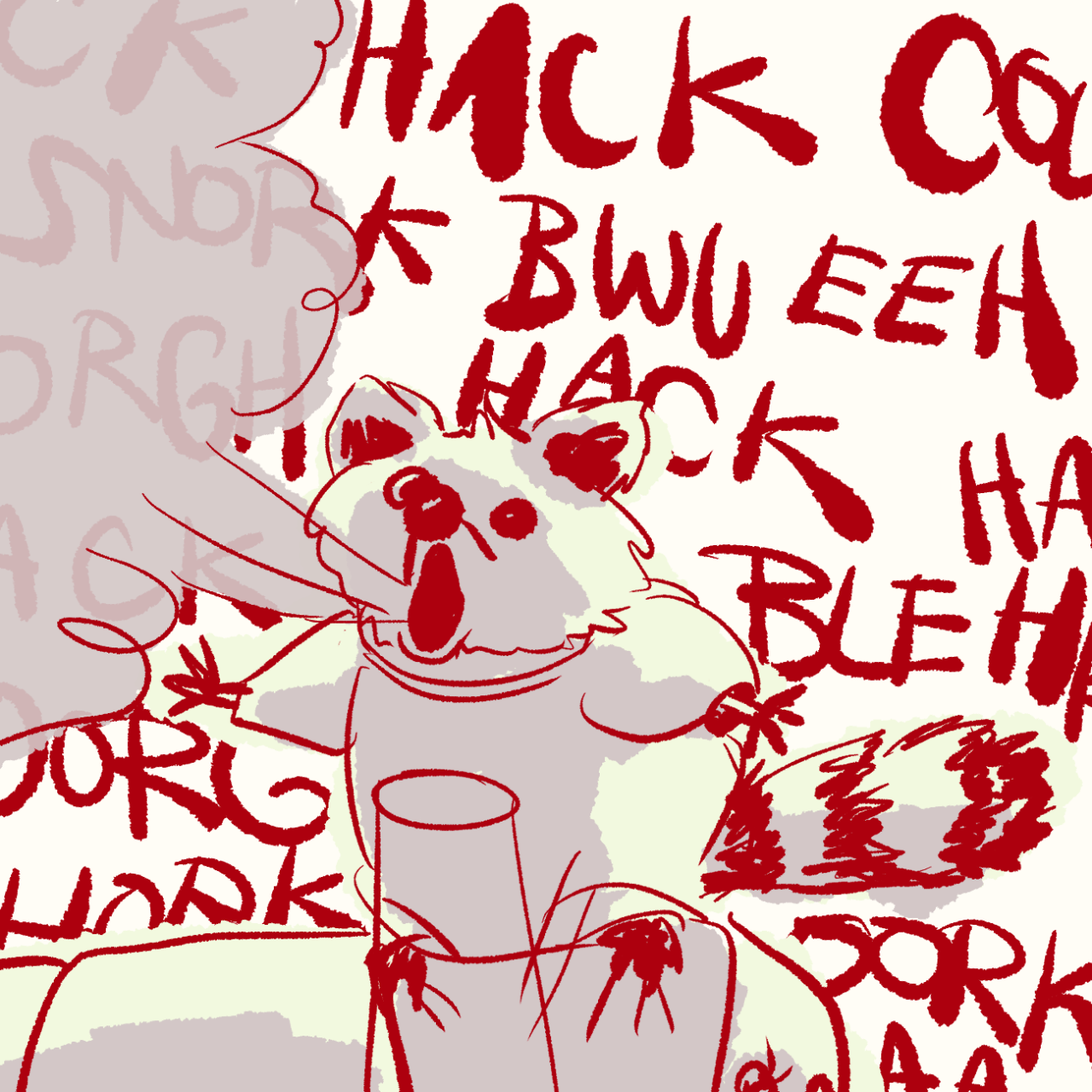 georgie standing on the arm rest with her arms thrown in the air and she is coughing with the background full of coughing sounds and a gray smoke cloud