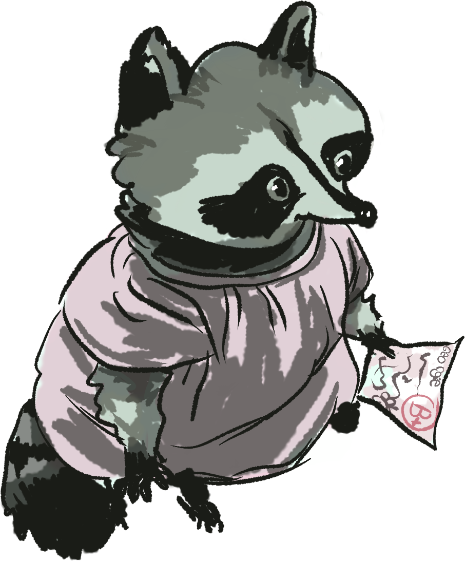 a raccoon in a pink shirt standing there looking blank as she clutches a paper that says georgie and B+