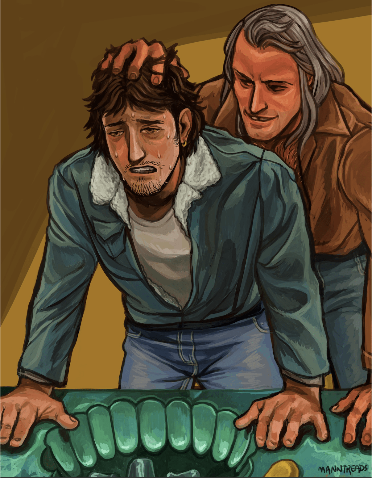 mac looking sick with astral pushing him by the back of the head to puke in the sink