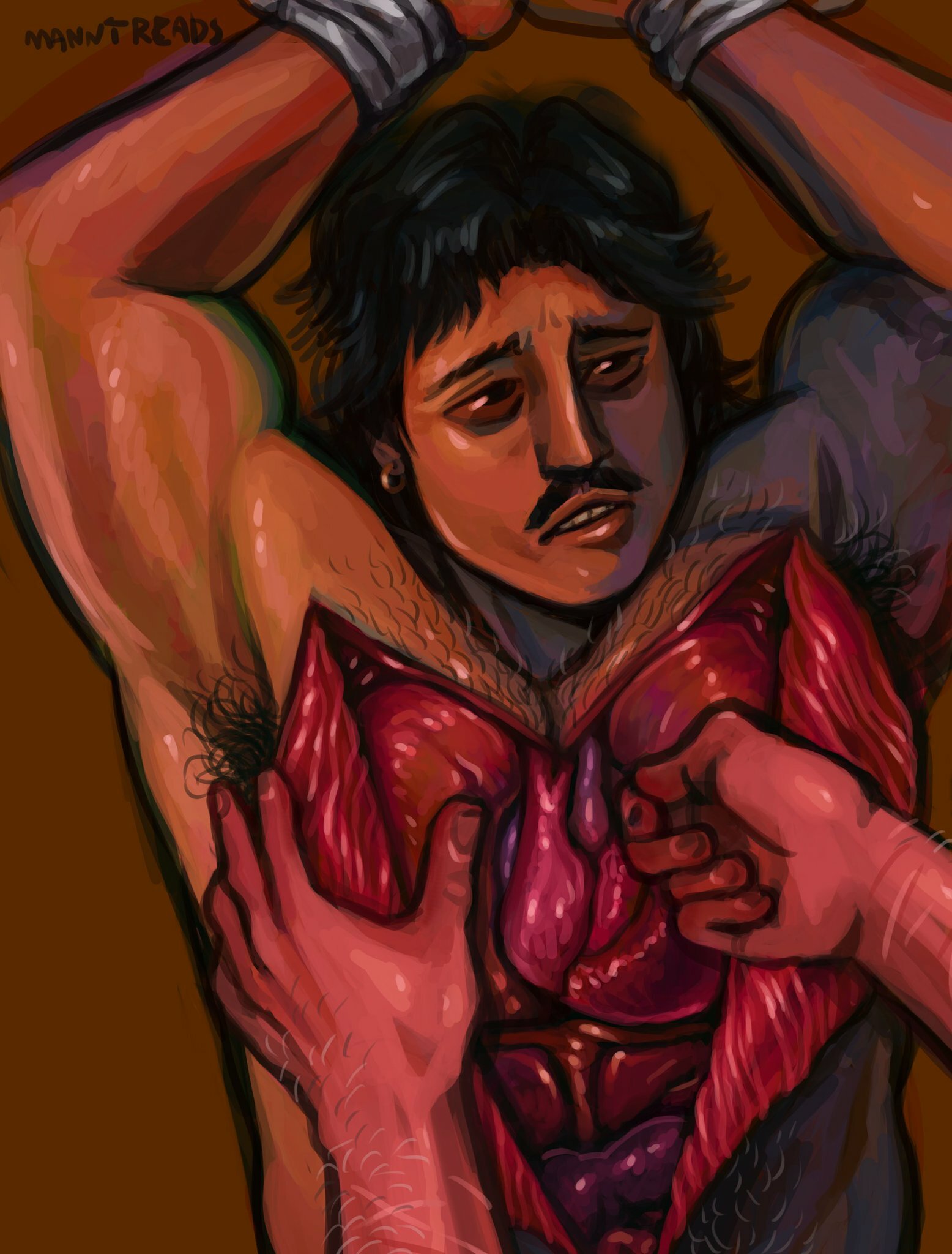 mac with his wrists tied above his head. his torso is completely cut open and someone is rifling through his organs