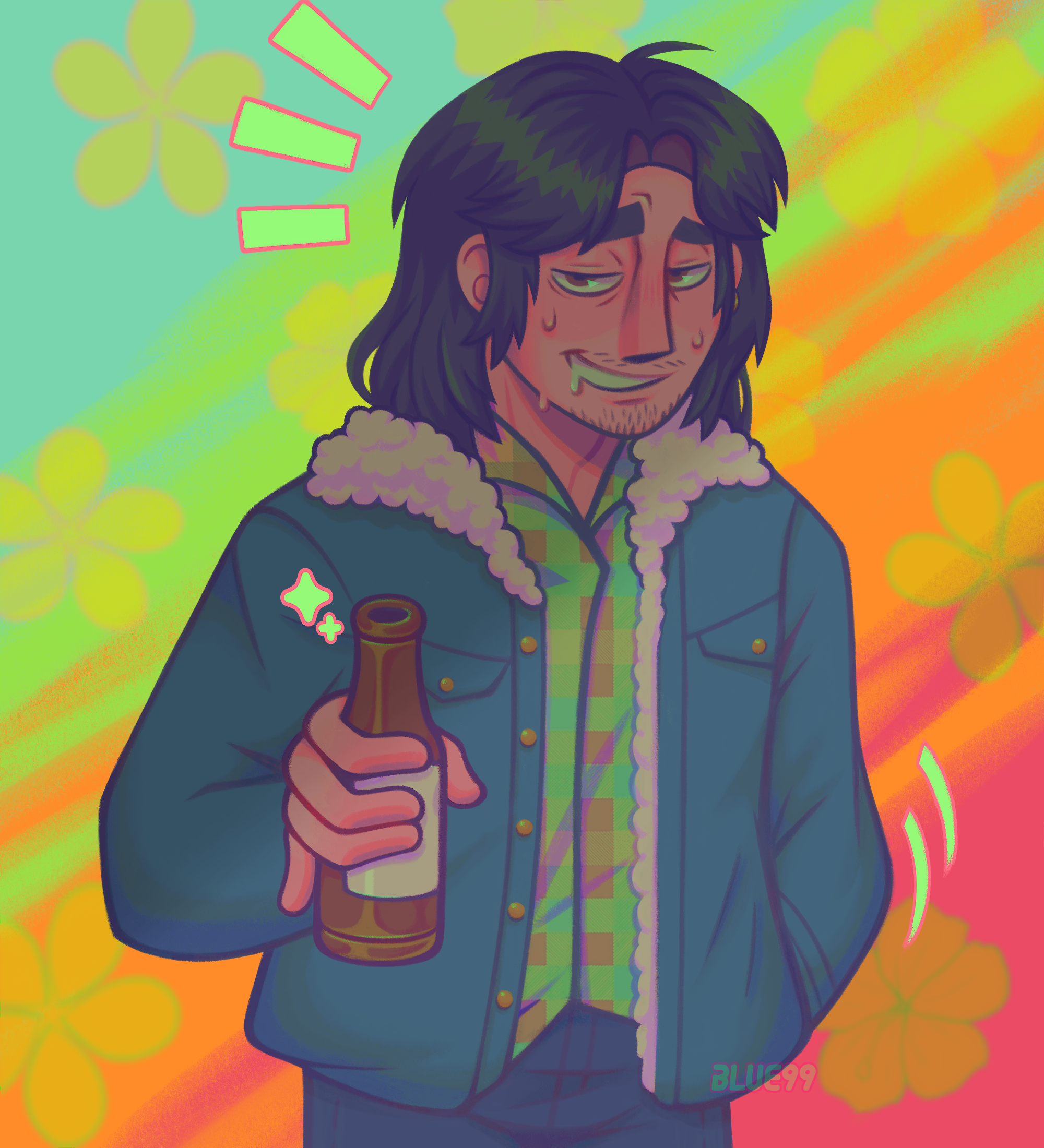 mac looking nervous and sweaty and drunk holding a beer bottle, wearing a sherpa-lined denim jacket and a colorful block patterned button up against a tropical rainbow and flowers