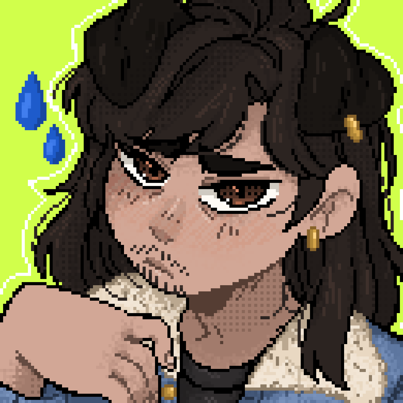 pixel bust of mac with puppy dog ears looking a little glum. he's got a pierced ear and is wearing a sherpa-lined denim jacket