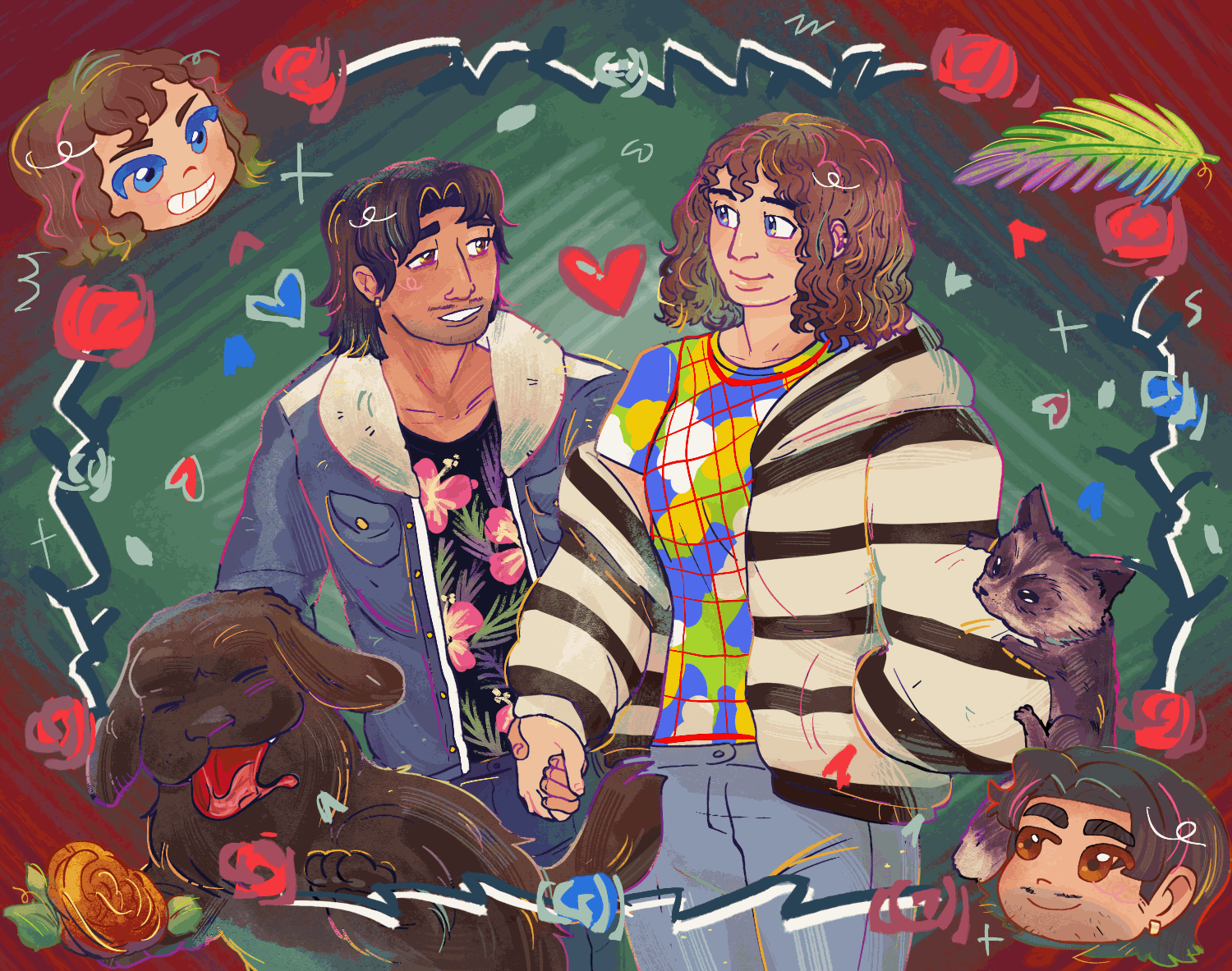 happy gif of mac and georgie holding hands. roses, hearts, and palm trees bounce around. in the corners are chibi faces of them sticking their tongues out at each other