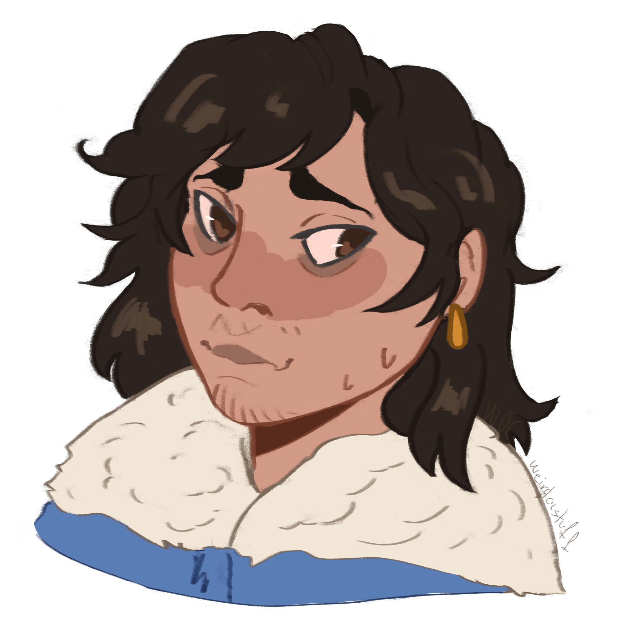 bust of mac wearing his sherpa-lined denim jacket and a gold earring
