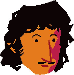 a man with shoulder length wavy black hair, a pencil mustache, and a large birthmark on the left side of his face
