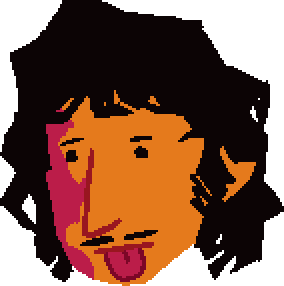 a man with shoulder length wavy black hair, a pencil mustache, and a large birthmark on the right side of his face; he is sticking his tongue out
