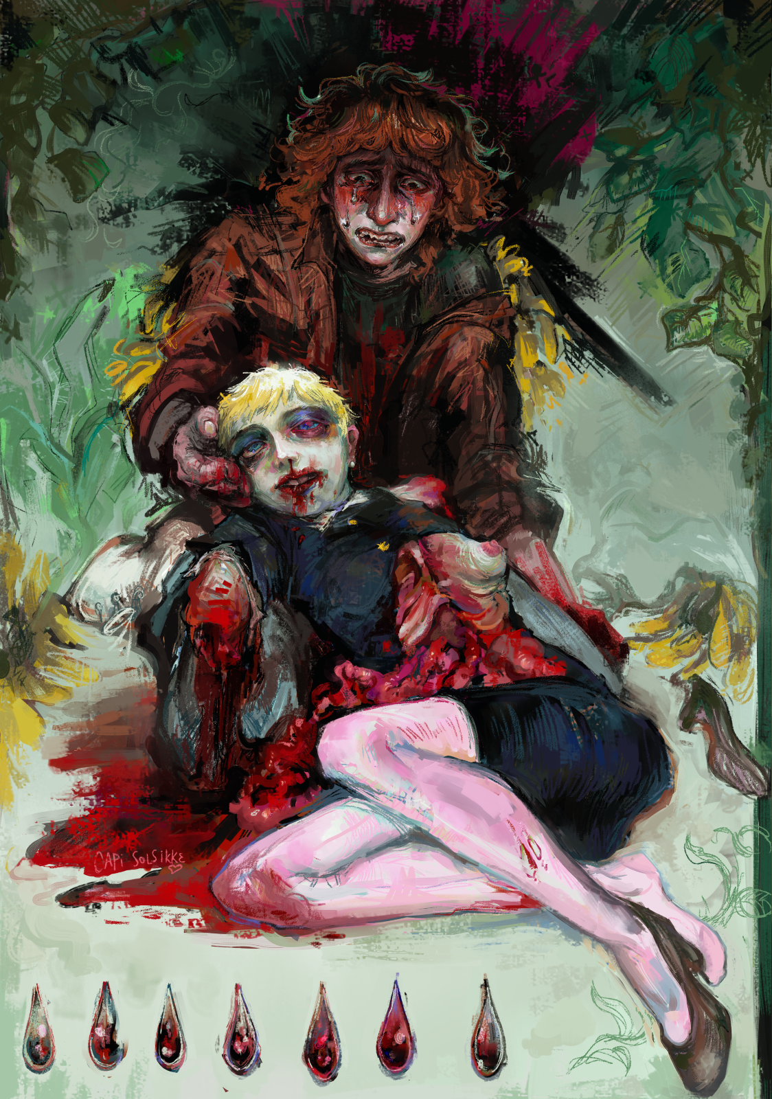 painterly style: georgie, crying, holding teresa, in a flight attendant uniform, while teresa stares off in the distance with glassy eyes. teresa's arms have been chewed off and are leaking bloody stumps, her shirt is ripped to expose her breast and all her intestines are spilled out.