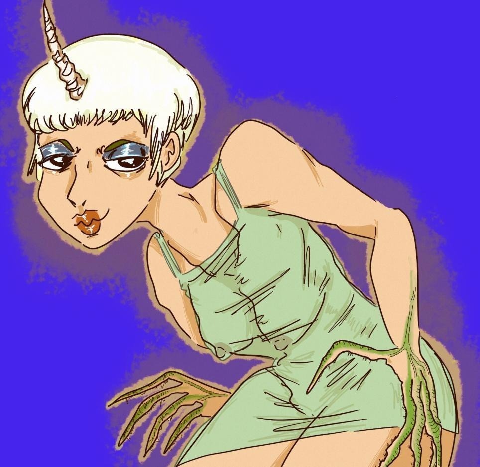 teresa hunched over, hands turning into bug ones, wearing a see-through green dress
