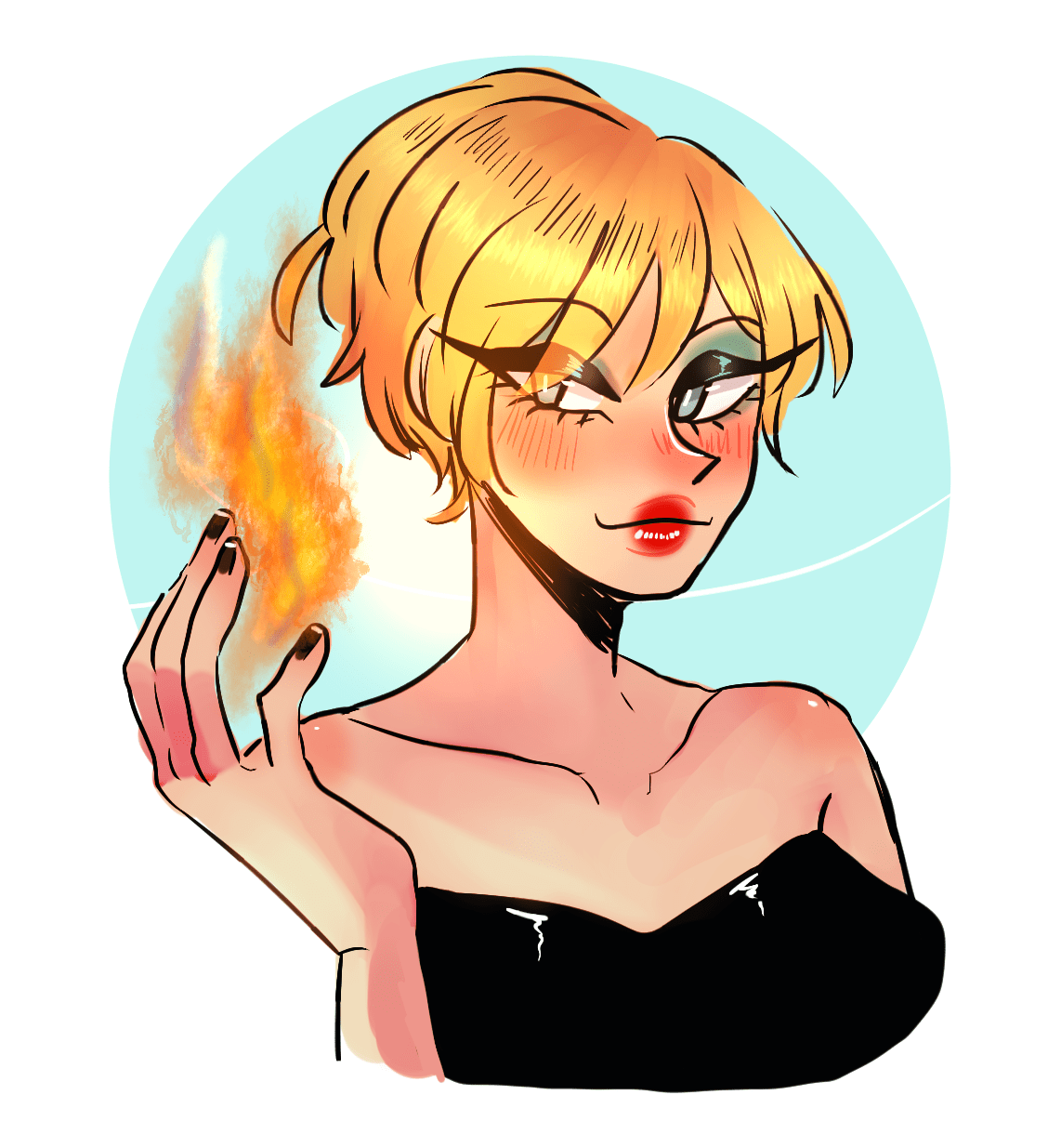 teresa holding a fireball in her hands wearing her signature makeup (blue eyeshadow, red lipstick)