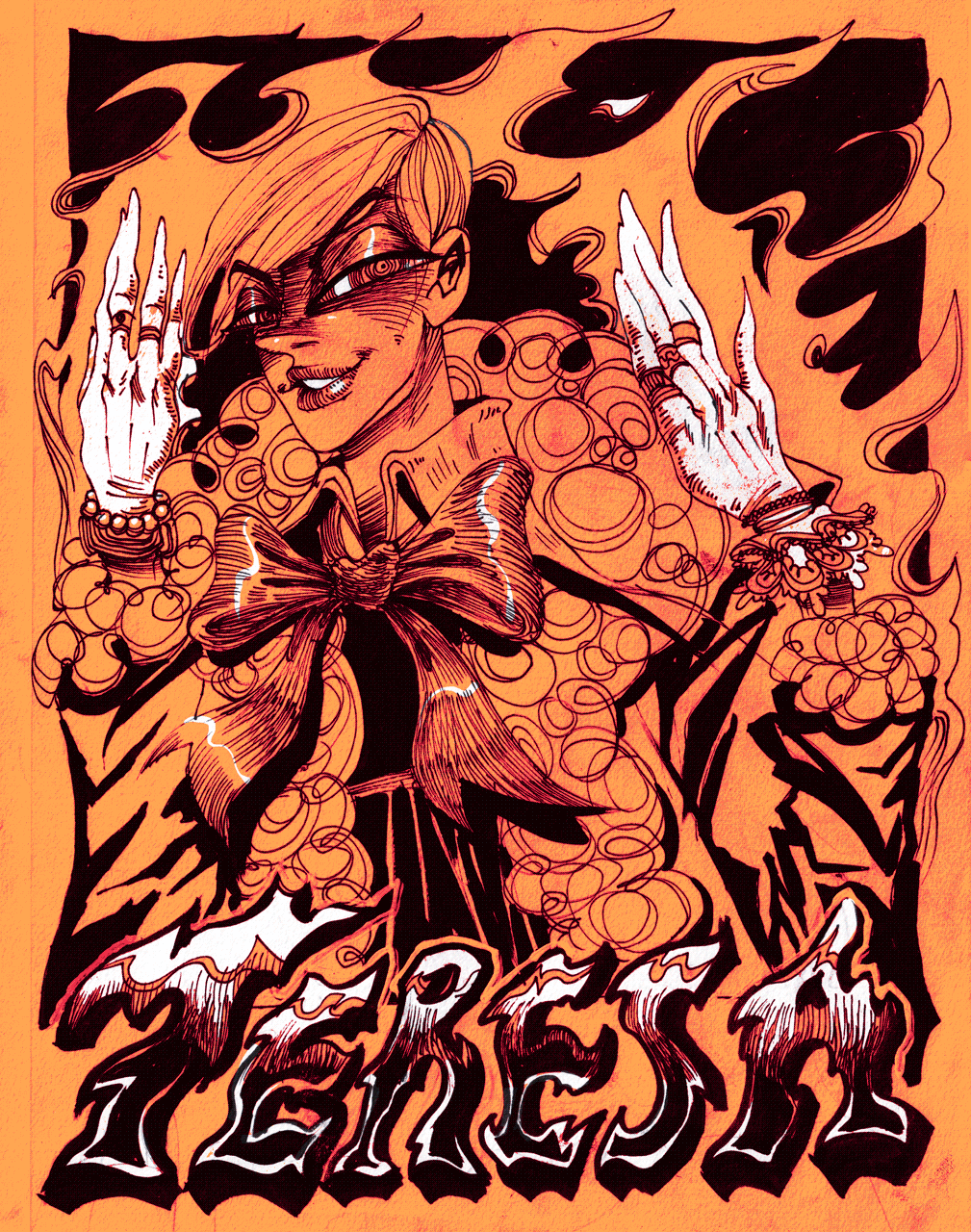a cool ink drawing of teresa wearing rings on gloved hands with fire all around her. it says 'teresa' at the bottom in cool metal font