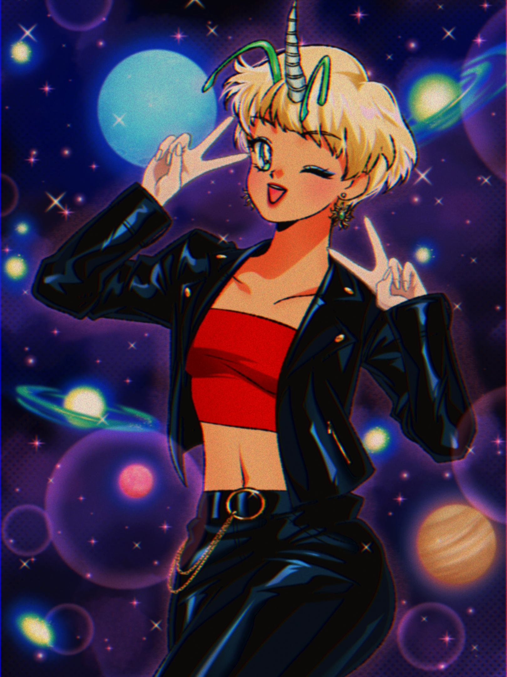 90s anime style halfbody of teresa. she's winking and giving two peace signs. she's wearing a black leather jacket and black leather pants with a red tube top