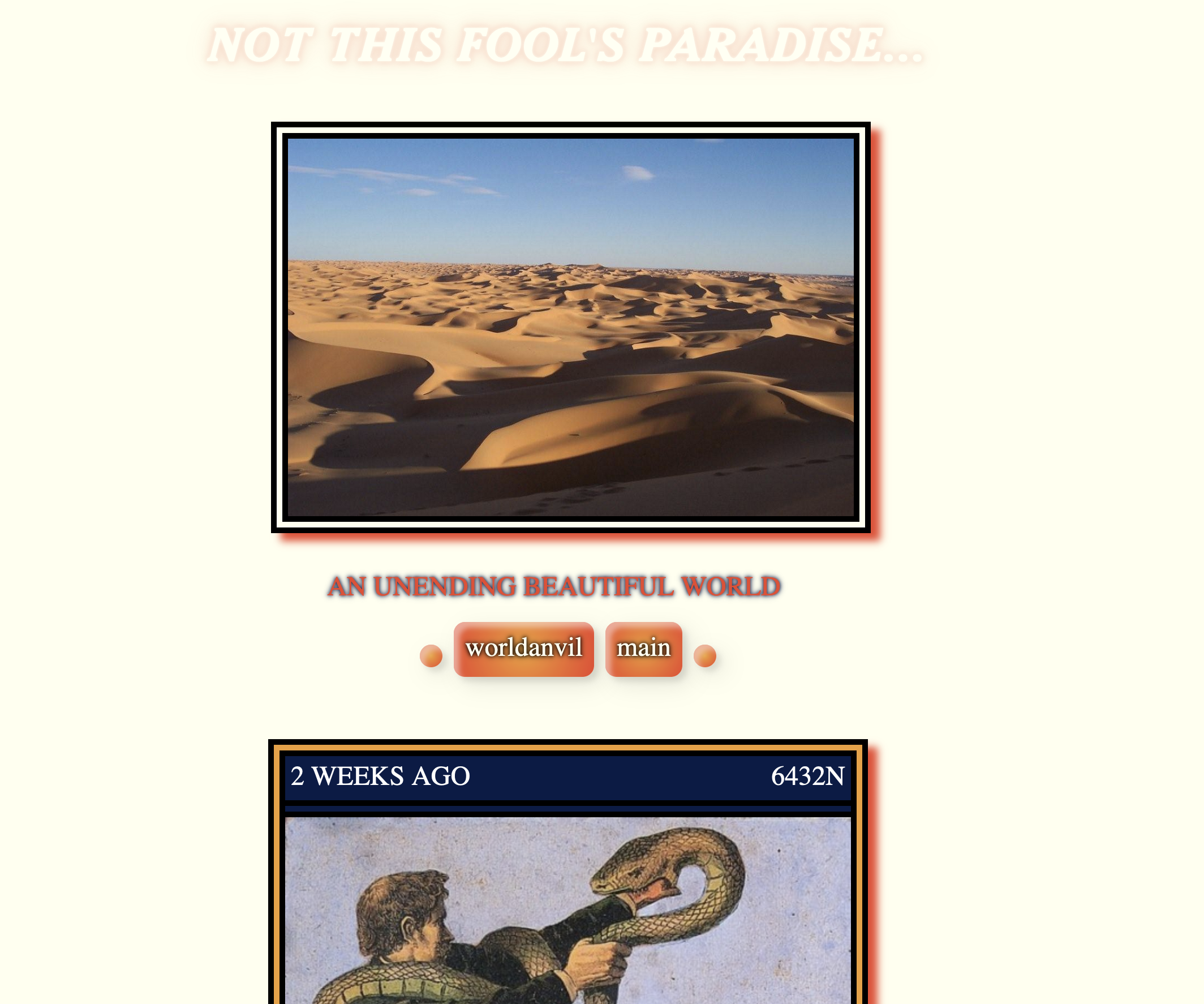 a cream blog with a sand dune header image and text that reads 'an unending beautiful world' with a post of a man being strangled by a snake