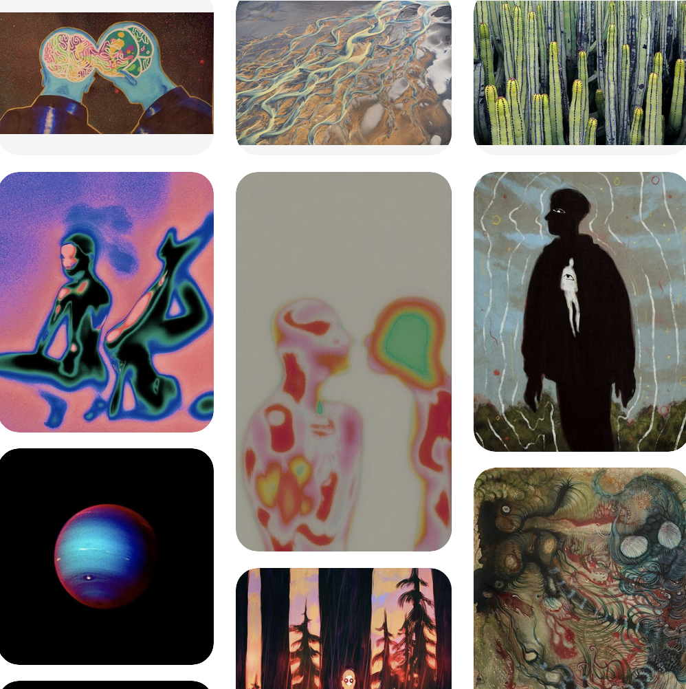 pinterest board with silhouettes with colorful globs, natural landscapes, and space