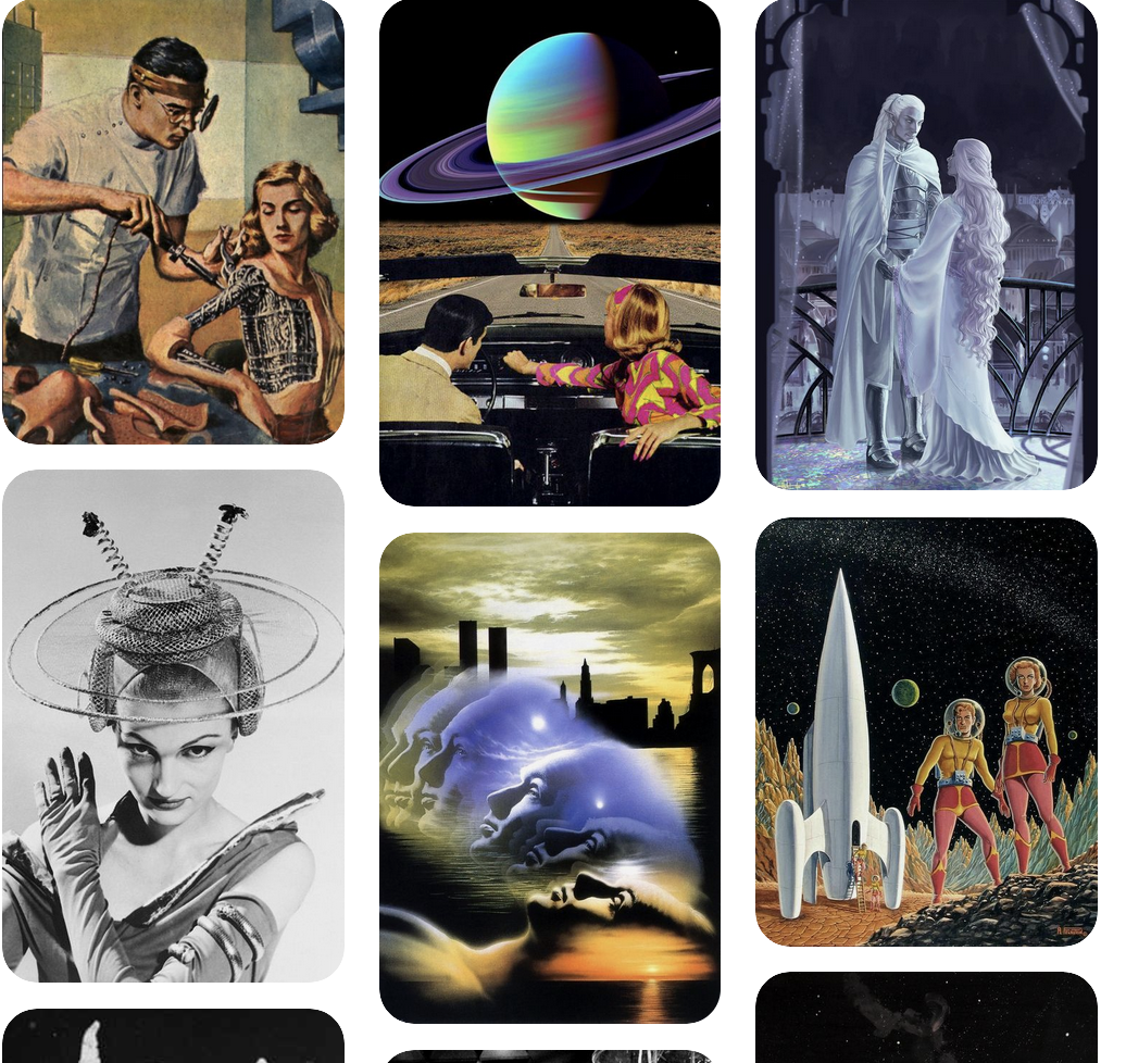 pinterest board with 70s and 80s scifi covers, an elf couple, and a woman wearing a cheesy alien costume